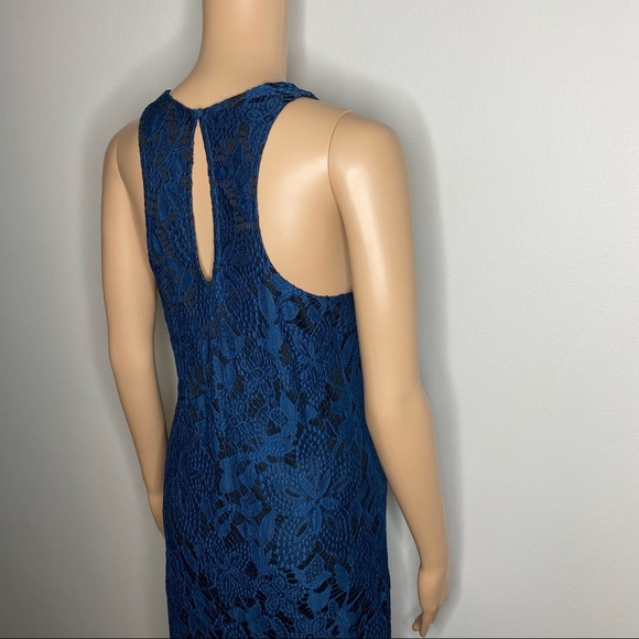 Express Blue & Black Lace High Neck Sleeveless Keyhole Knee Length Mini Dress - Picture 7 of 10